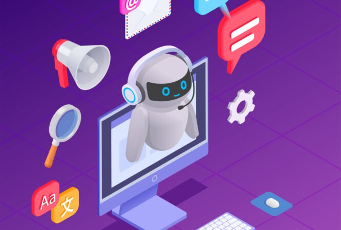 Chatbot messenger composition with technical support symbols isometric vector illustration