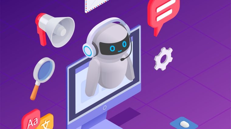 Chatbot messenger composition with technical support symbols isometric vector illustration