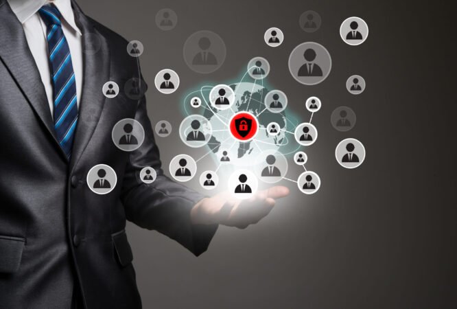 Businessman hand with people icons network connection. Business communication concept.