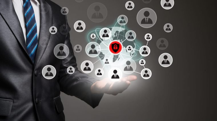 Businessman hand with people icons network connection. Business communication concept.